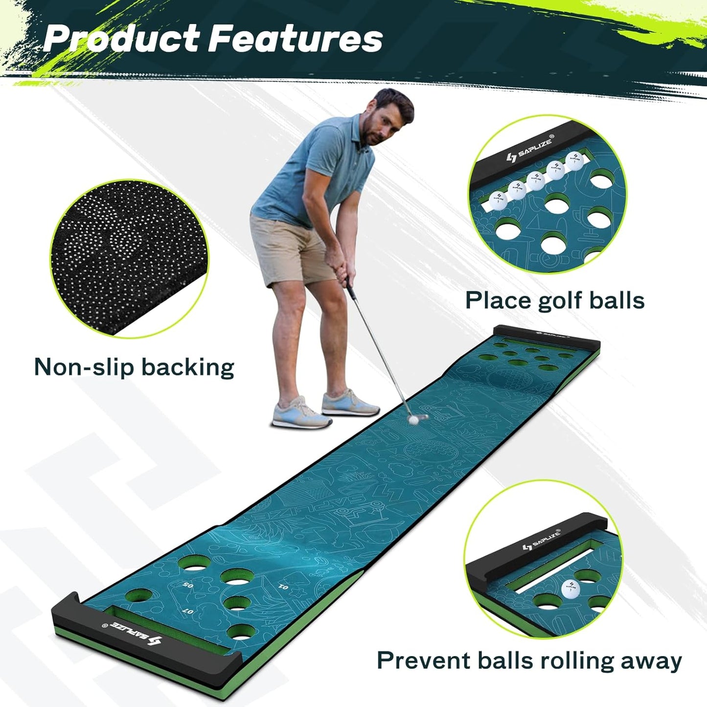 SAPLIZE Golf Putting Mat/Putting Green Mat - Adjustable Slope, Trajectory Tracking & Pong Game Modes | Indoor & Outdoor Use