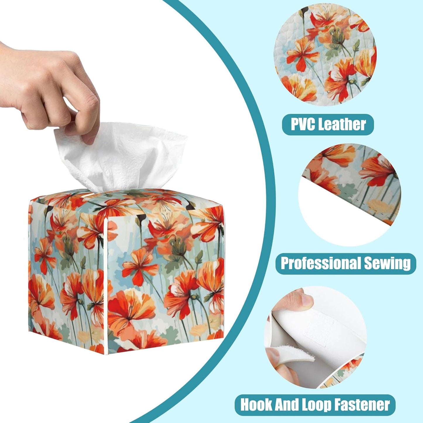 Watercolor Flowers Tissue Box Holder,Vintage Leaves Square Leather Tissue Box Cover,Waterproof Modern Napkin Holder Organizer for Car Bathroom Nightstand Vanity Office Tabletop,5.2" x 5.2" x 5.2"