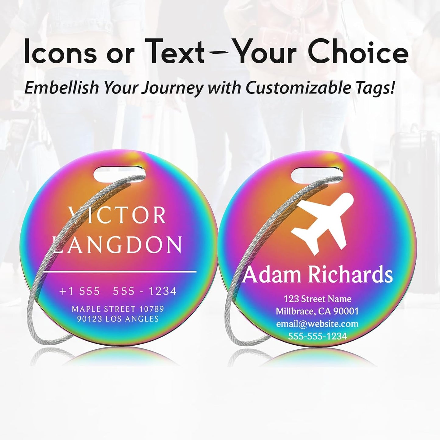 Custom Stainless Steel Luggage Tags: Personalize Your Suitcases, Backpacks, and Bags with Your Text (Rainbow) Elegant Circle-Rainbow