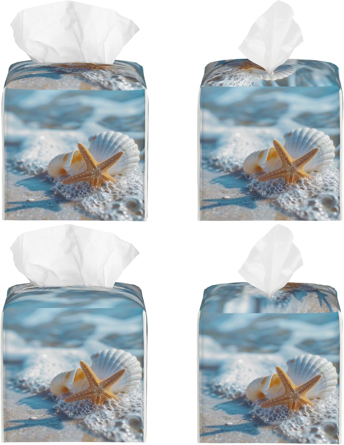 Shells Starfish on Beach Tissue Box Cover Square,Summer Ocean Shells Starfish Tissue Box Holder Waterproof Leather Facial Paper Organizer Dispenser for Bathroom Home Car Nightstand Vanity Desk