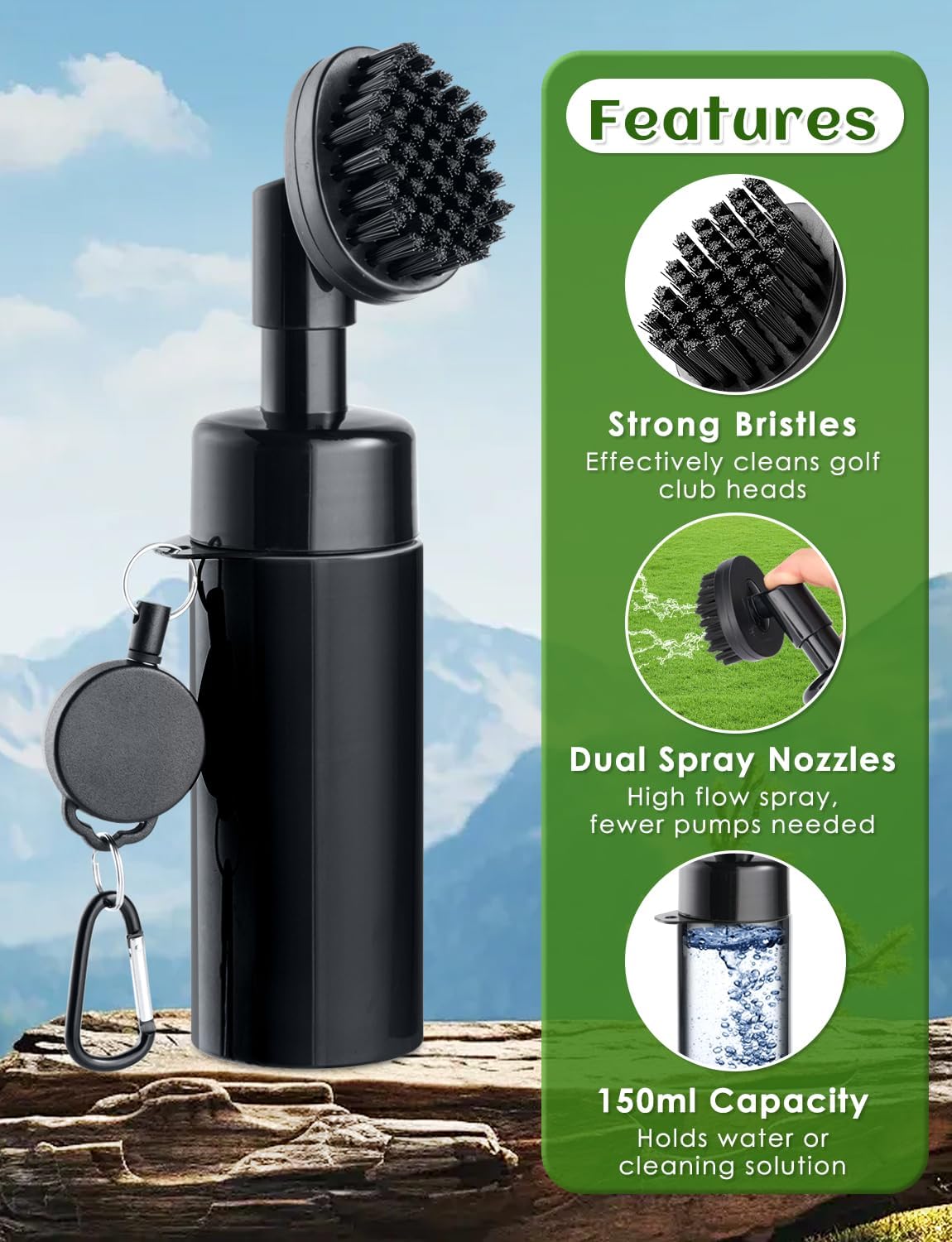 Oasser Golf Club Cleaner Golf Club Brush with Retractable Clip and Squeeze Water Bottle 10.5 Inches Holds 5 Oz of Water, Golf Accessories for Men Women Essentials Golf Gifts for Men, Black