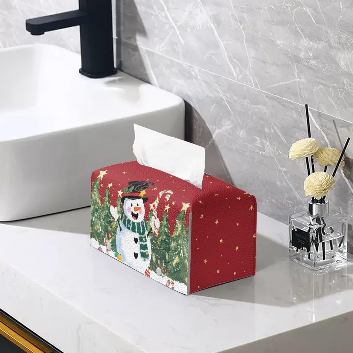 Cute Snowman Tissue Box Cover Cube Christmas Tissue Box Holder Waterproof Leather Facial Paper Organizer Holiday Decor for Bedroom Living Room Bathroom