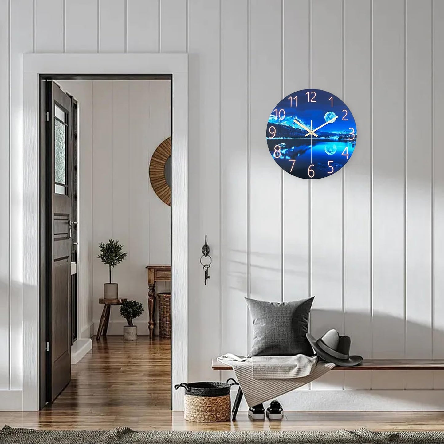 Blue Wall Clocks for Living Room 14 Inch Analog Wall Clock Battery Operated Moon Clock for Kitchen