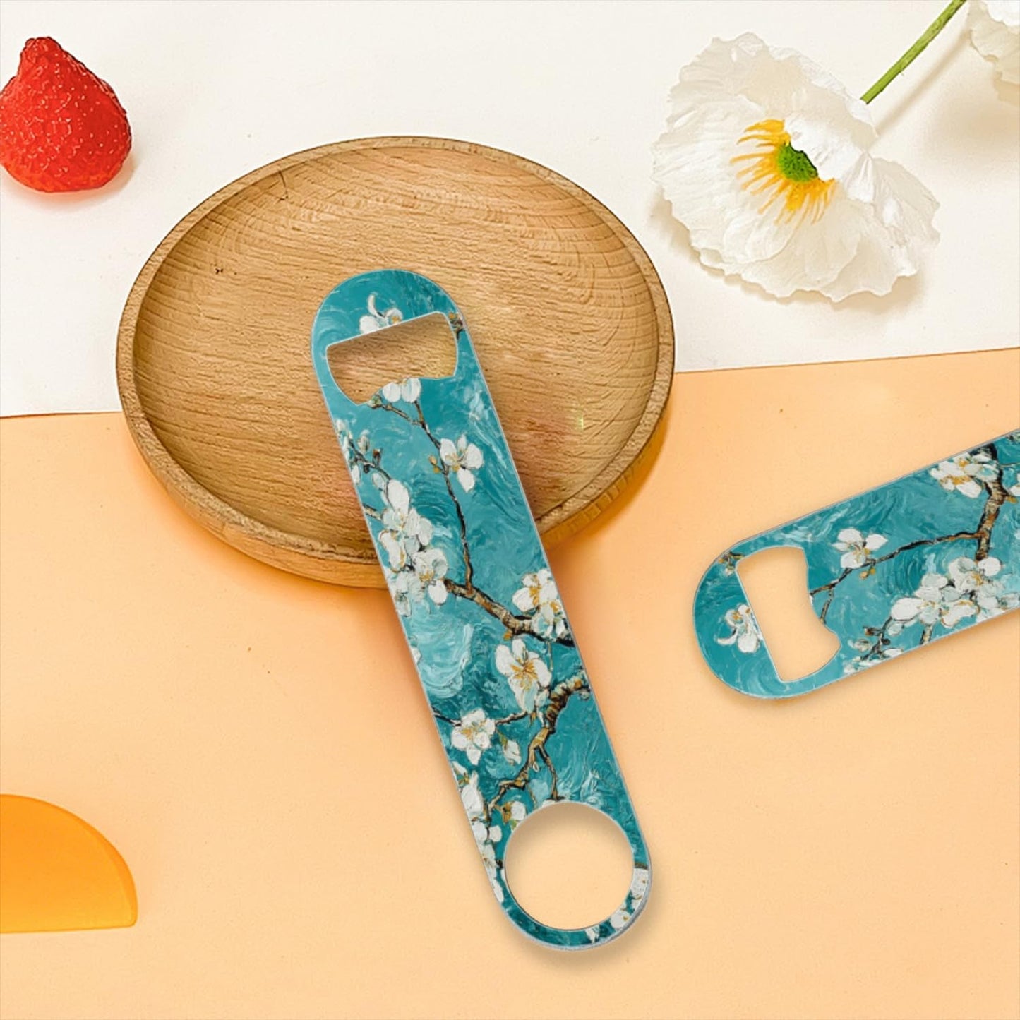 2 PACK Beer Bottle Opener, Stainless Steel Flat Bottle Openers,7 inch Metal Decor,Teal Green Almond Flowers