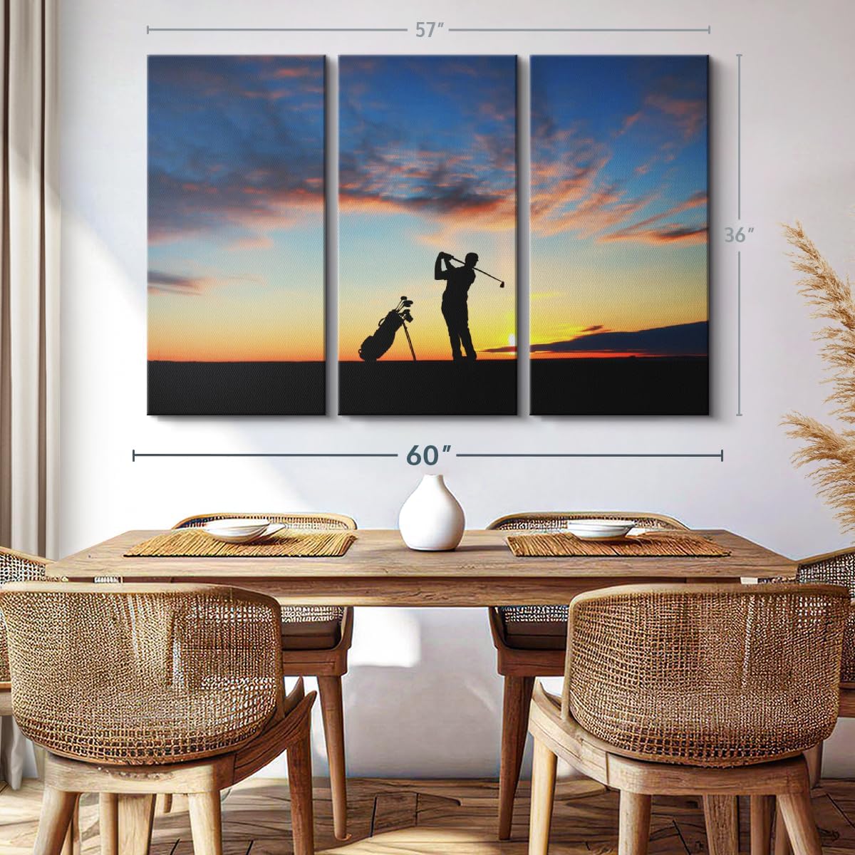 ElephantStock Golfing At Sunset Wall Art - Horizontal Canvas - 3-Piece Living Room Wall Decor - Golf Photography Canvas Print - Black and Orange Decor for Wall - 57" X 36"