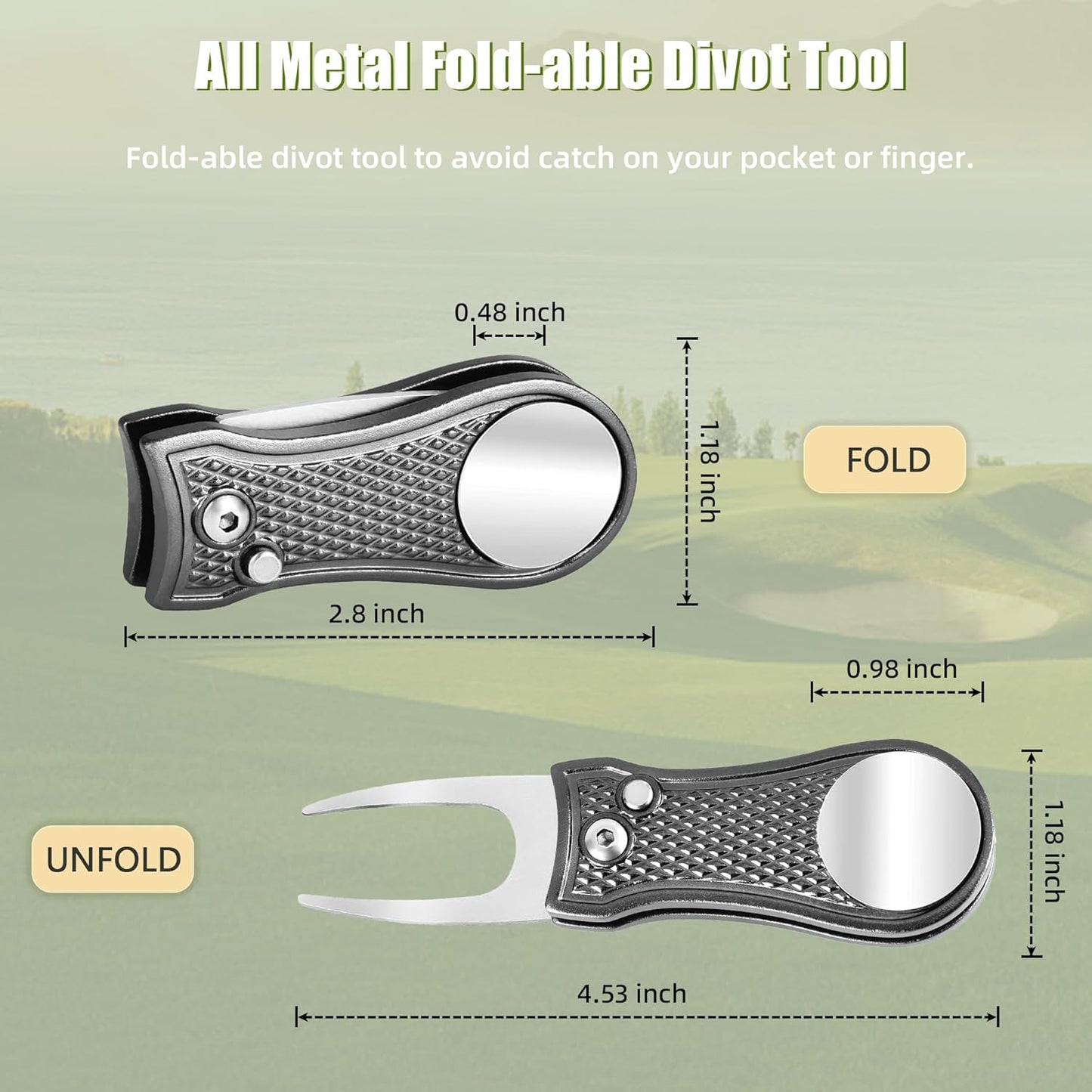 Mile High Life Golf Divot Repair Tool, All Metal Foldable Divot Tool with Pop-up Button & Magnetic Ball Marker
