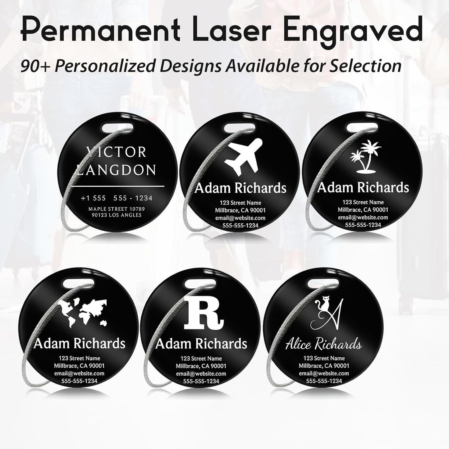 Customized Stainless Steel Luggage Tags: Personalize Your Suitcases, Backpacks, and Bags with Your Text (Black)