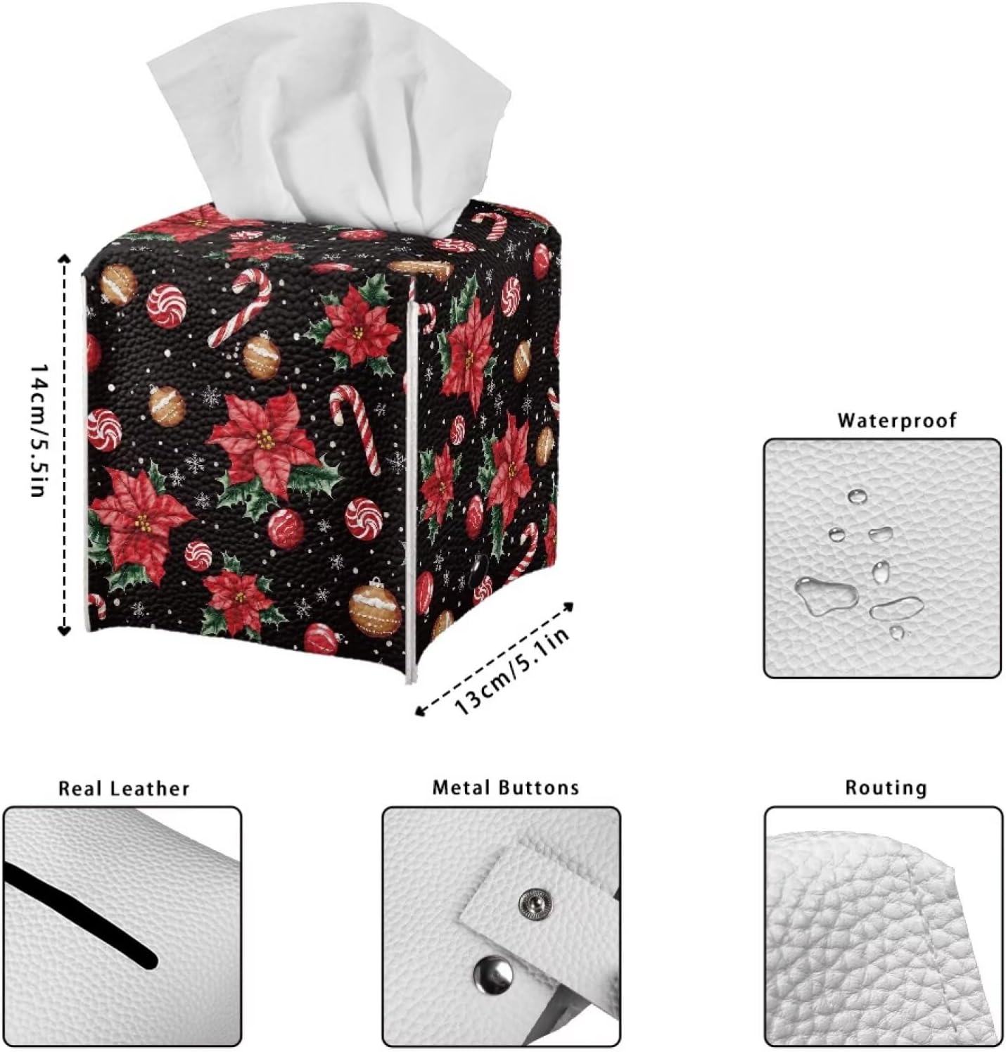 Christmas Tissue Box Cover Poinsettia Tissue Paper Box Leather Waterproof Napkin Dispenser Organizer Holder Holiday Home Facial Paper Dispenser for Office Bedroom Car
