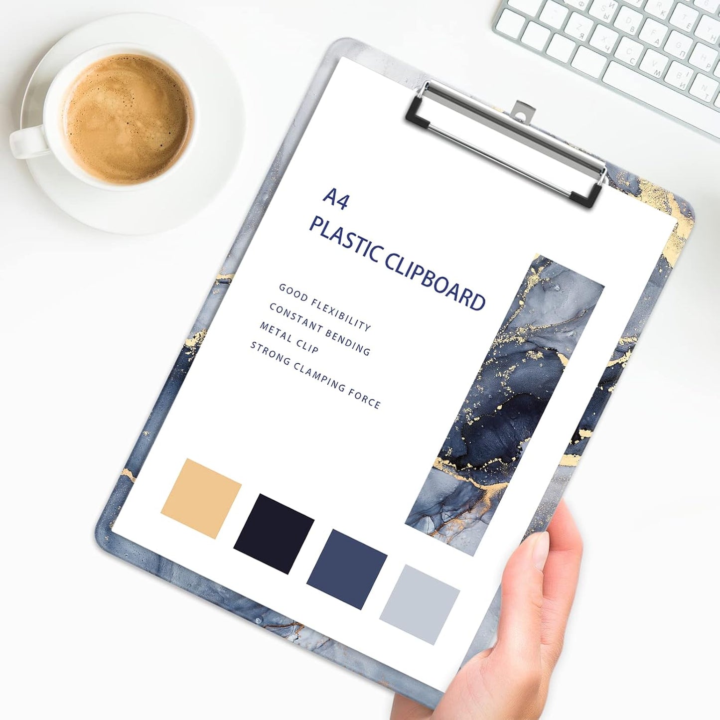 Plastic A4 Clipboards, Cute Clip Board Stardard Letter Size 9 x 12.5 in, Office Decorative for Students Women Men and Kids, Black Gold Marble