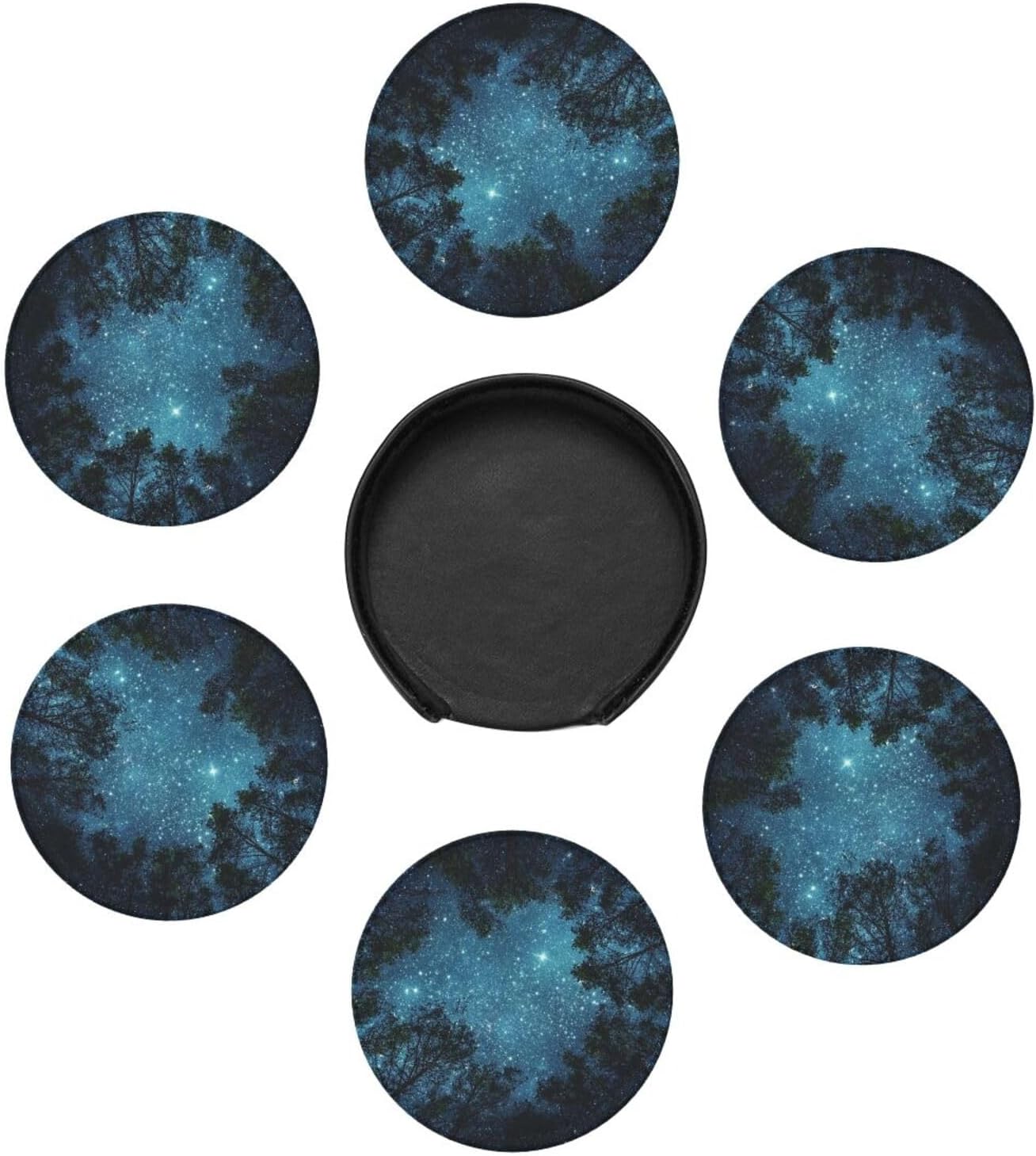 Night Sky Cool Tree Space Star Coasters for Drinks Round Leather Coaster with Holder Set of 6 for Tabletop Protection Desk Accessories Office Home Room Decor