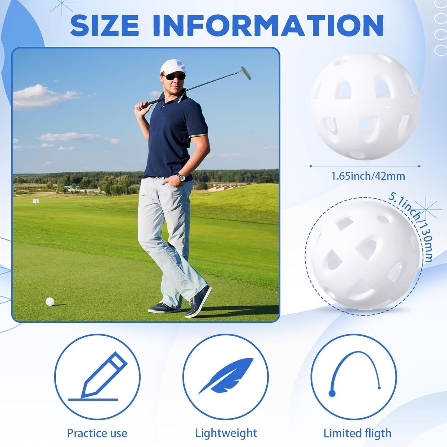 Junkin 50 Pack Practice Golf Balls Limited Flight Plastic Impact Golf Balls 1.65 Inch Hollow Soft Training Resistant EVA Foam Realistic Feel for Indoor Outdoor Swing Training