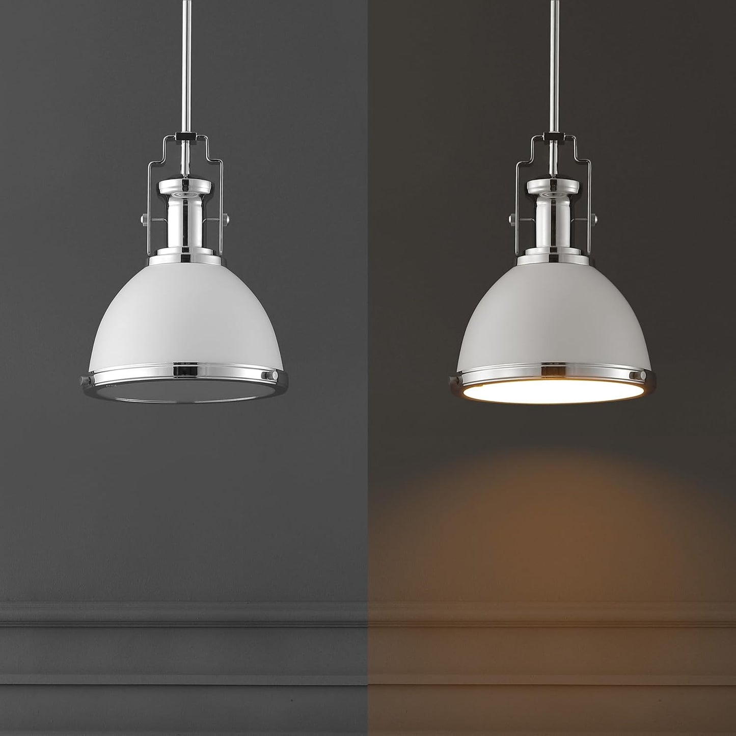 JONATHAN Y JYL9535C Homer 10" 1-Light Modern Industrial Iron LED Dome Pendant, Bohemian, Classic, Cottage, Farmhouse, Industrial, Rustic, Transitional, Dining Room, Kitchen, Foyer, White/Chrome