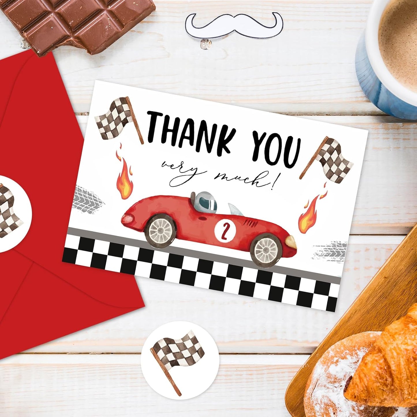 Whaline 24 Pack Race Car Thank You Cards Red Racing Theme Note Card with Envelopes Stickers Black White Plaid Greeting Blank Card for Birthday Baby Shower