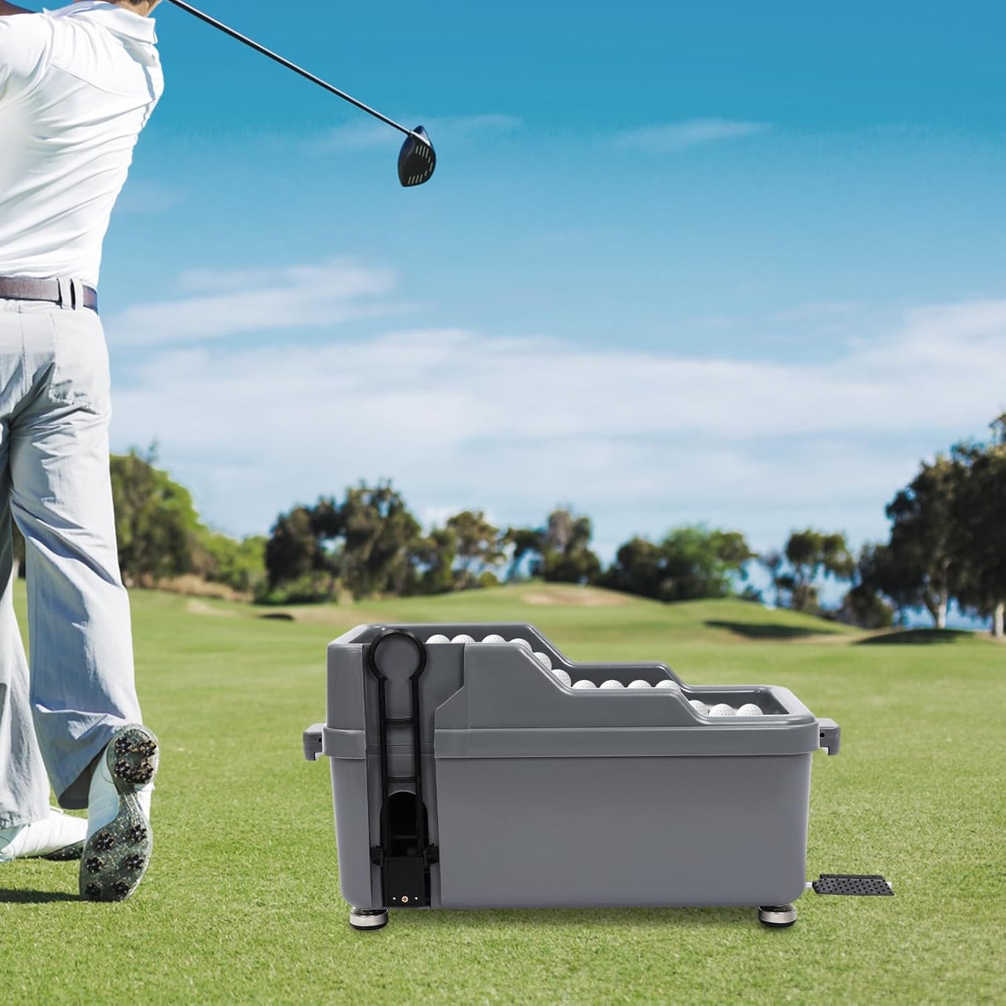 Automatic Golf Tee Machine with 9 Club Slots, Golf Ball Dispenser (Holds 100 Balls), No Electricity Needed – Golf Training & Practice Pitching Aid with 3 Batting Stands