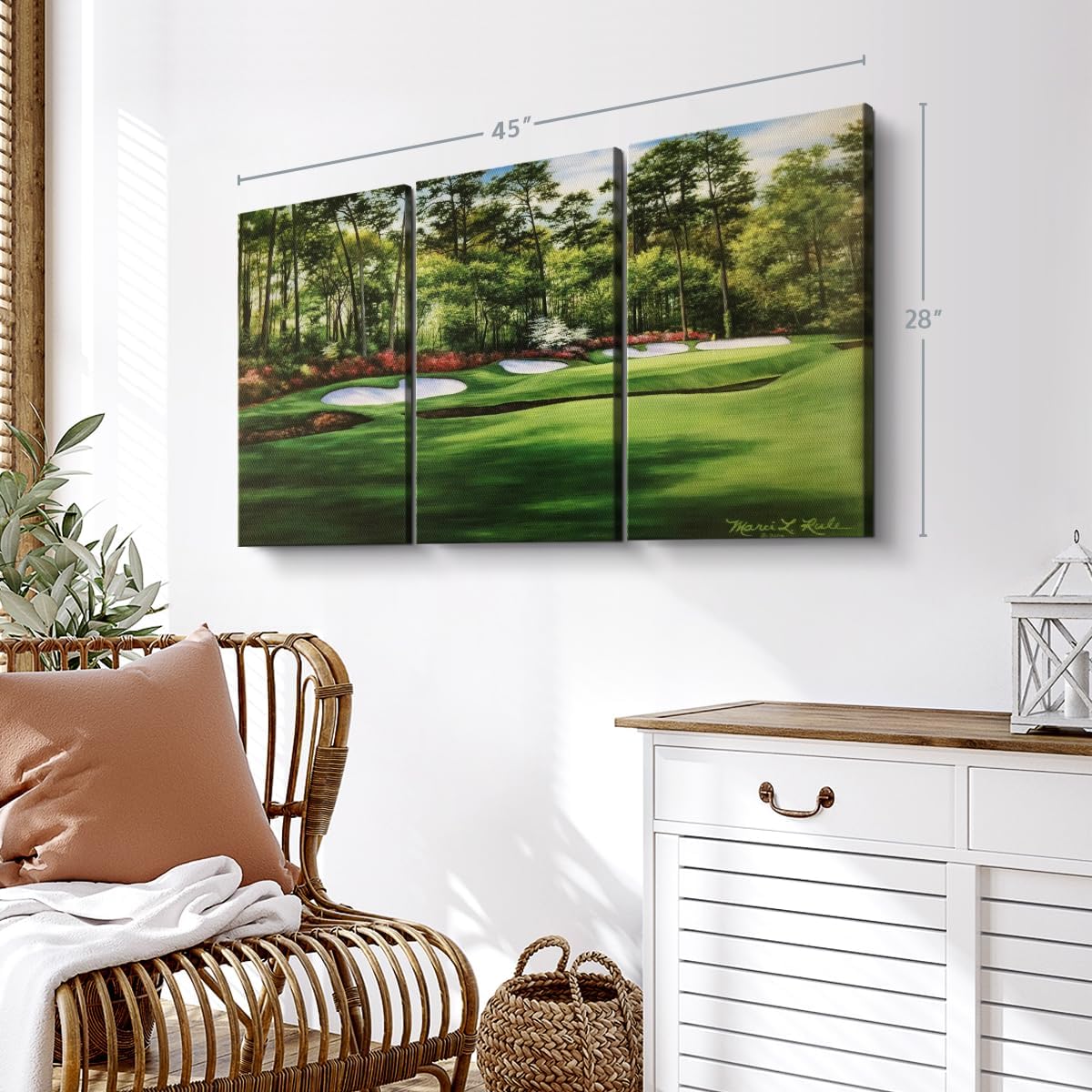 ElephantStock Augusta National 13th Hole I Wall Art - Horizontal Canvas - 3-Piece Living Room Wall Decor - Painting Sports Canvas Print - Green and Red Decor for Wall by Marci Rule - 45" X 28"