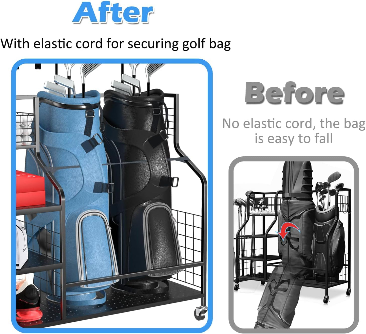 Golf Storage Rack Golf Bag Organizer for Garage, Golf Club Holder Extra Large Golf Bag Stand for 2 Golf Bags、Golf Equipment Accessories