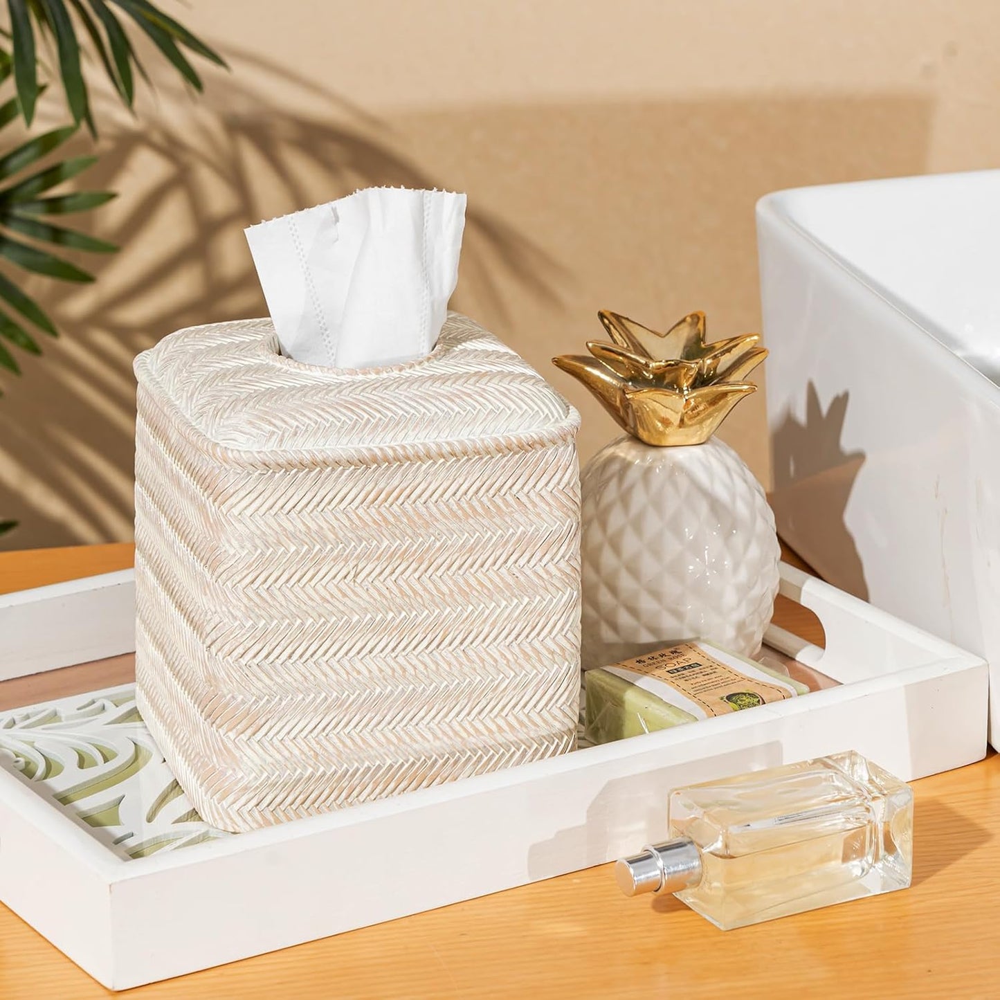 Tissue Box Cover Square Resin Tissue Holder for Home Decor,Hand Carved Wicker Tissue Box Holder,5.3 x 5.3 x 5.9 inches, Farmhouse White