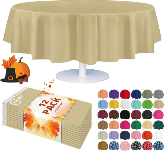 Grandipity 12 Pack Premium Disposable Plastic Tablecloth 84" Inch Decorative Round Table Cover - Beige