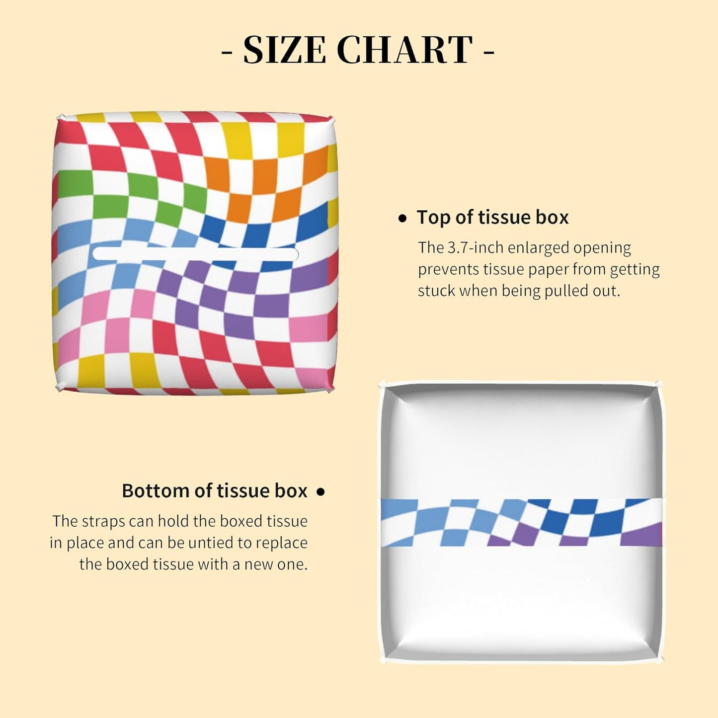 Tissue Box Cover Square,Colorful Wavy Checkerboard Tissue Box Holder Waterproof Leather Facial Paper Case Modern Home Decoration for Bedroom Dresser Night Stand Office Desk