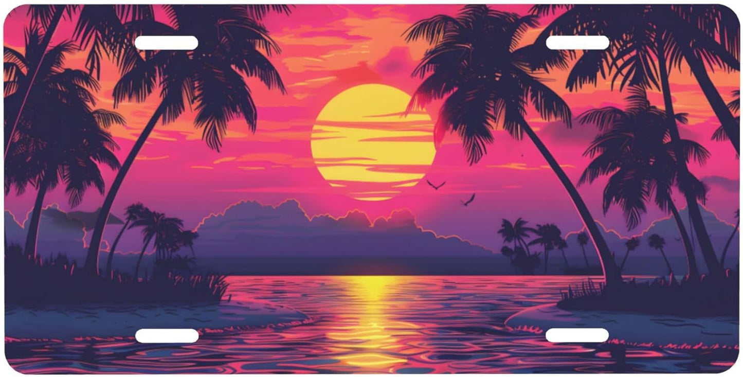 Palm Tree Ocean Sunset License Plate Funny Aluminum Front License Plates Decorative Waterproof Rust-Free Metal Car Plate Covers for Women Men Car Tag Accessories fit Truck SUV Rv 12 X 6 Inch