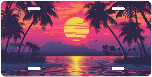 Palm Tree Ocean Sunset License Plate Funny Aluminum Front License Plates Decorative Waterproof Rust-Free Metal Car Plate Covers for Women Men Car Tag Accessories fit Truck SUV Rv 12 X 6 Inch