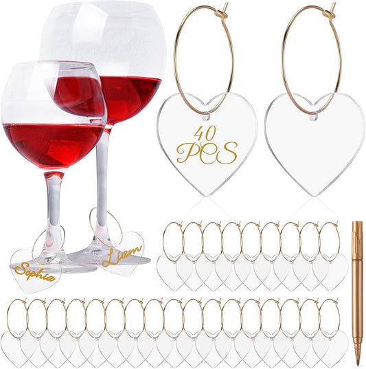 Tondiamo 40 Pcs DIY Wine Charms for Glasses Acrylic Wine Charms with Rings Tags Marker Pen Blank Glass Labels Bulk for Stem Cocktail Champagne Wedding Dinner Party Favor
