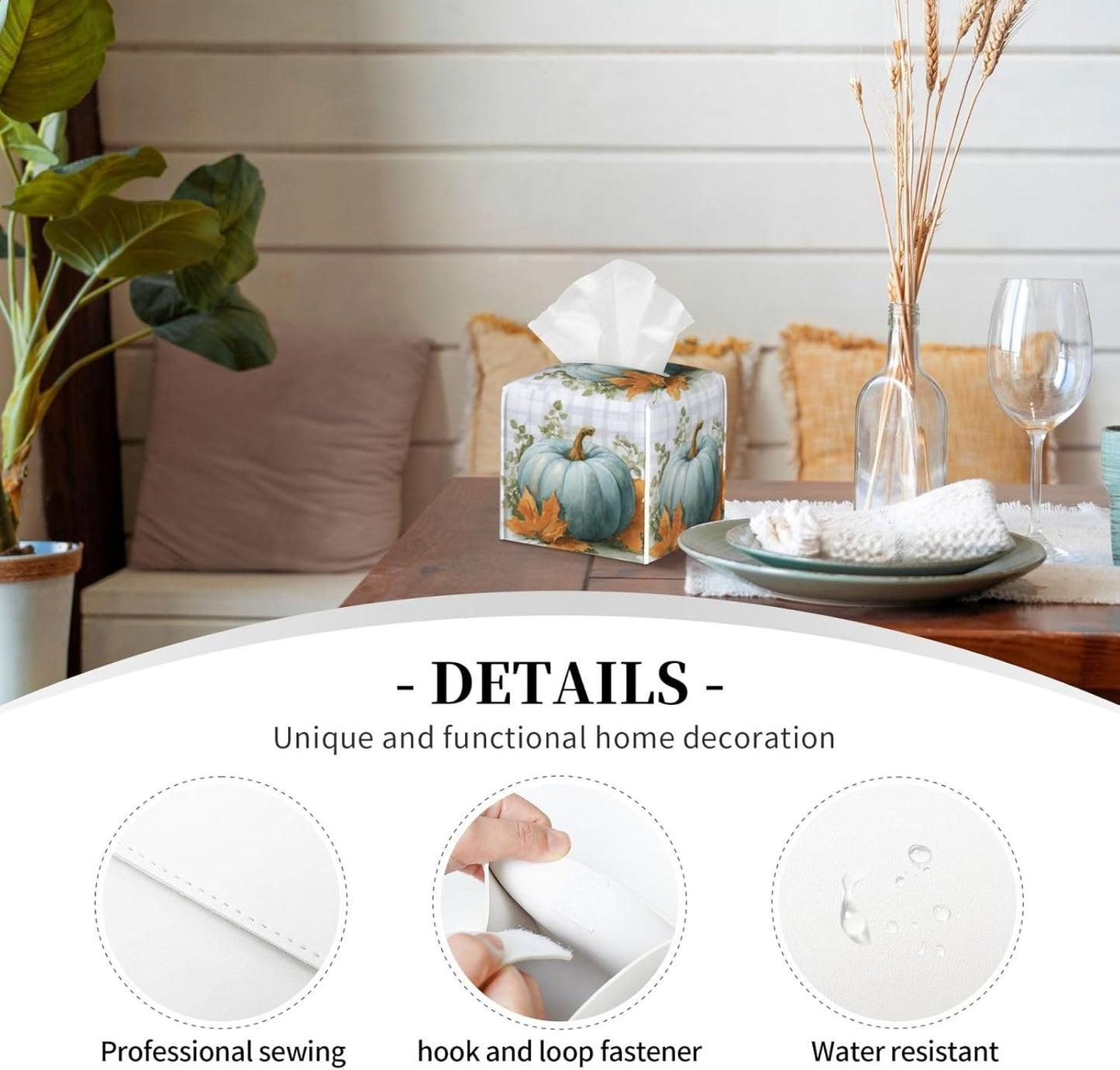 Blue Pumpkins Fall Tissue Box Cover Autumn Leaves Plaid Square Leather Tissue Holder Decorative Facial Tissue Cube Paper Cover Case Organizer for Bathroom Night Stands Desk Tabletop Living Room Home