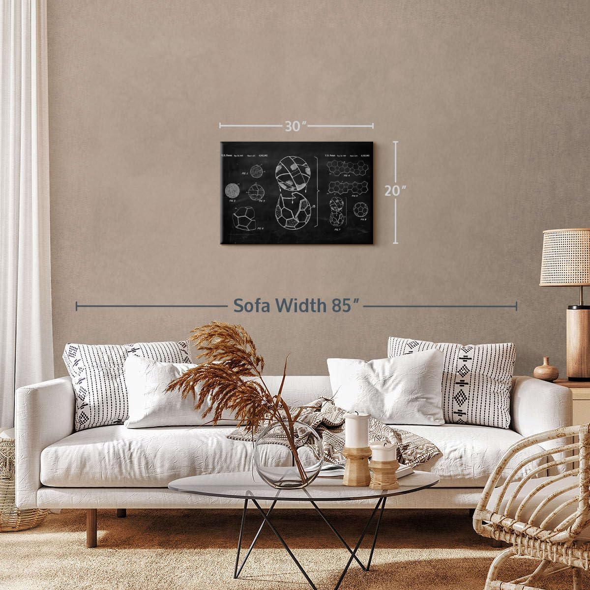 ElephantStock Soccer Ball BW Patent Canvas - 1 Panel Sports Patent Wall Art Decor - Sports Decorations for Boys Room - Wall Art and Office Decor - 30" X 20"