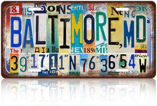 Vintage City License Plate Baltimore,Md Wall Decor Metal Tin Sign for Bar Home Bedroom 12 x 6 Inches （Including latitude and longitude）