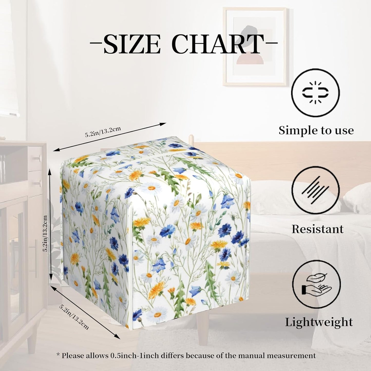 Tissue Box Cover Square, Watercolor Dandelion Cornflower Flower Leather Tissue Box Holder Decorative Organizer for Bathroom, Home Office Car Decor