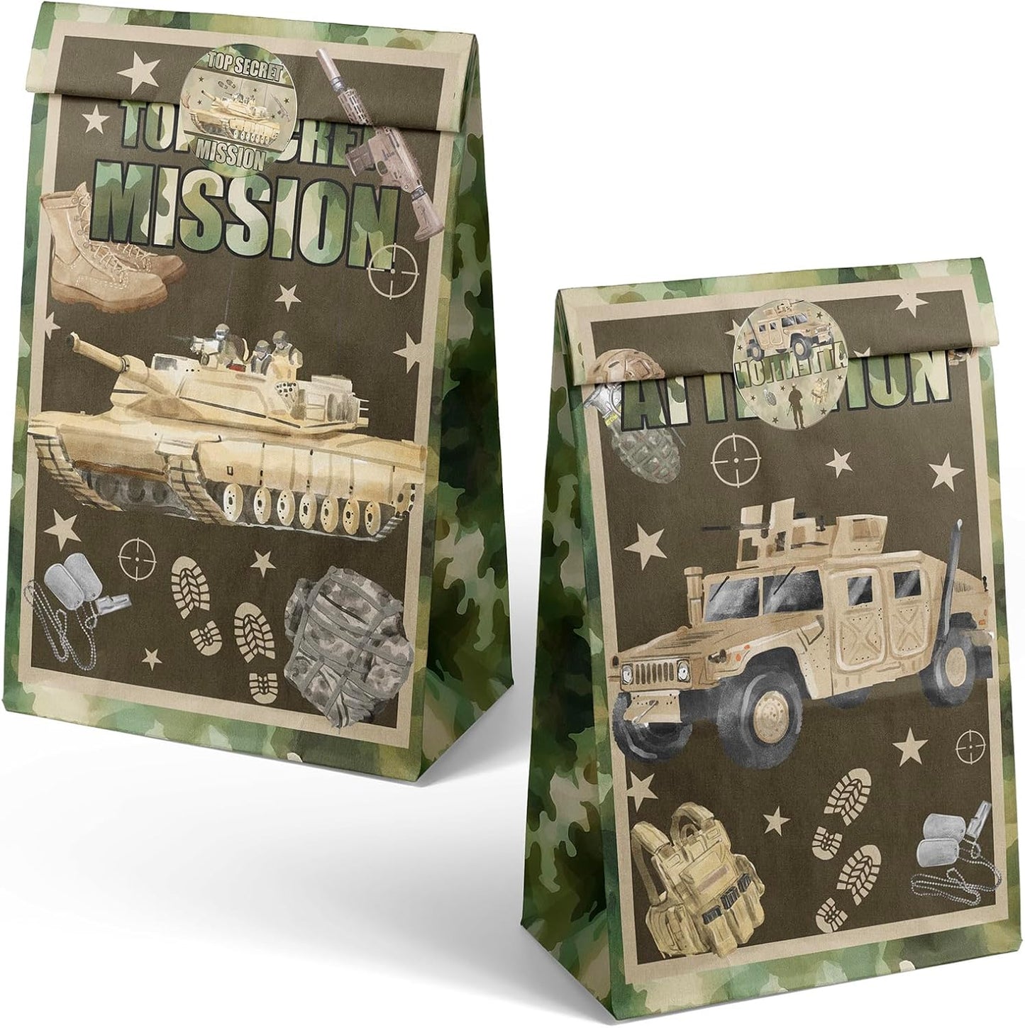 Army Party Favor Bags – 24 Pcs Camouflage Gift Bags with 4 Designs, Military Party Supplies for Kids Birthday Decorations and Tough Mission Theme Goodie Bags