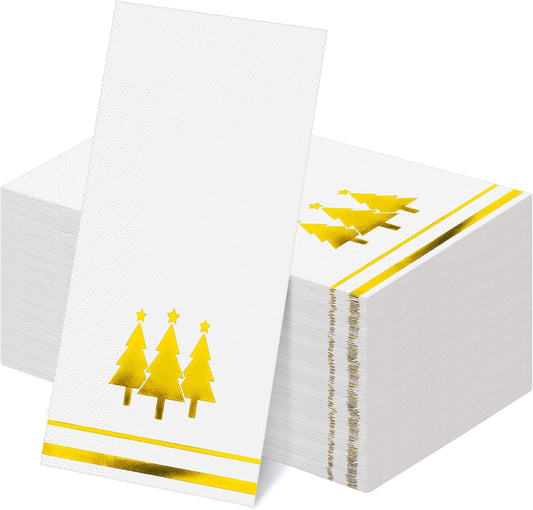 100 Pieces Christmas Napkins Disposable Christmas Gold Paper Napkins 7.8 x 4.3 Inch Decorative Guest Party Napkin White Gold Foil Xmas Tree Hand Towels for Winter Party Wedding Birthday