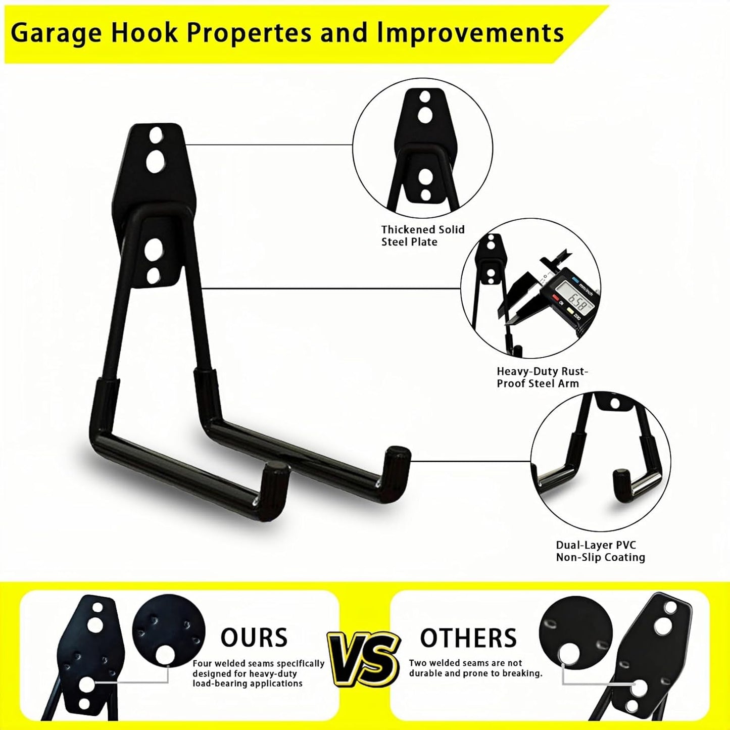 6 Pack Garage Hooks Heavy Duty with Anti-Slip Coating, Steel Utility Ladder Hooks for Hanging Garden Tools, Hoses, Ropes, Bikes and More (5.3in)