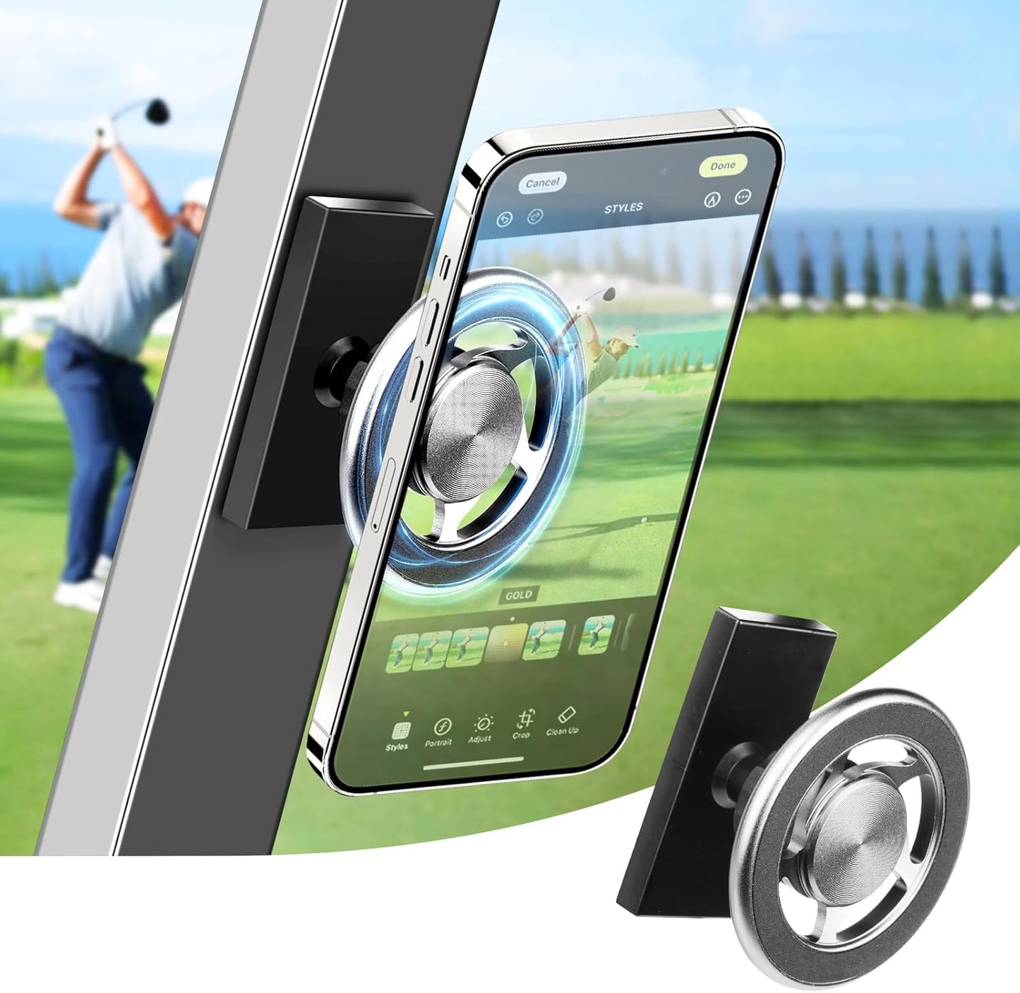 Mixsuper Golf Cart Phone Holder for Iphone 16 Pro Max 15 14 13 All Smartphones, 20× N54 Strong Magnetism Phone Holder for Golf Cart Fit the Ezgo, Club Car, Yamaha, 360 ° Rotation Golf Cart Phone Mount