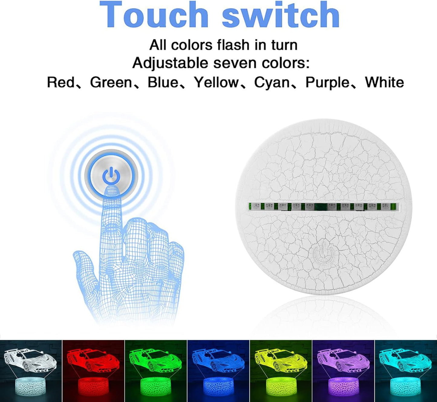 i-CHONY Sport Car Night Light,Race Car 3D Optical Illusion Lamp,with Remote & Smart Touch 16 Colors Dimmable Bedroom Decor Bedside Lamp,Christmas Holiday Birthday Gifts