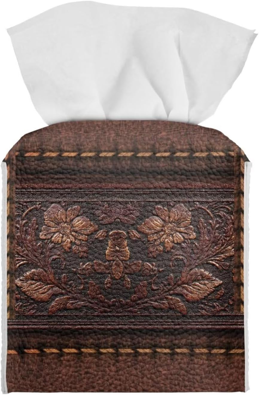 Retro Tissue Box Cover Square Tissue Holder Brown Facial Paper Box Holder Modern Home Bathroom Living Room Decor Leather Material & Waterproof