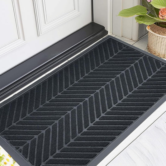 Front Door Mat 29.5"x17" Indoors Outdoors Welcome Mats, Waterproof Non-Slip Rubber Backing Heavy Duty Doormat Outside Entrance, Low Profile Entryway Rugs Floor Mat for Patio, Pattern A Black