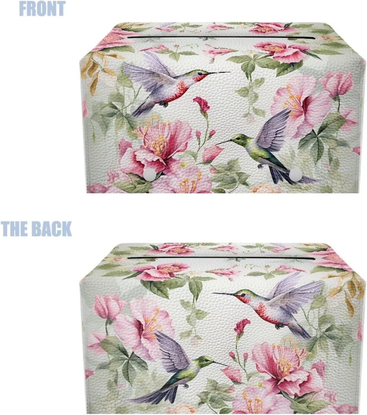 Leather Tissue Box Cover Floral Hummingbird PU Leather Tissue Cover Decorative Organizer Portable for Travel Tissue Box with Bottom Belt for Tabletop，Countertop，Night Stands