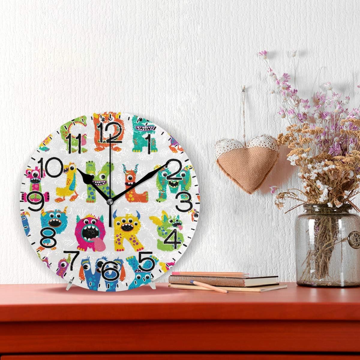 Funny Monster Alphabet Wall Clock Battery Operated Non Ticking Silent Quartz Analog Rustic Farmhouse Round Clock Retro Decor for Home Kitchen Living Room Bathroom