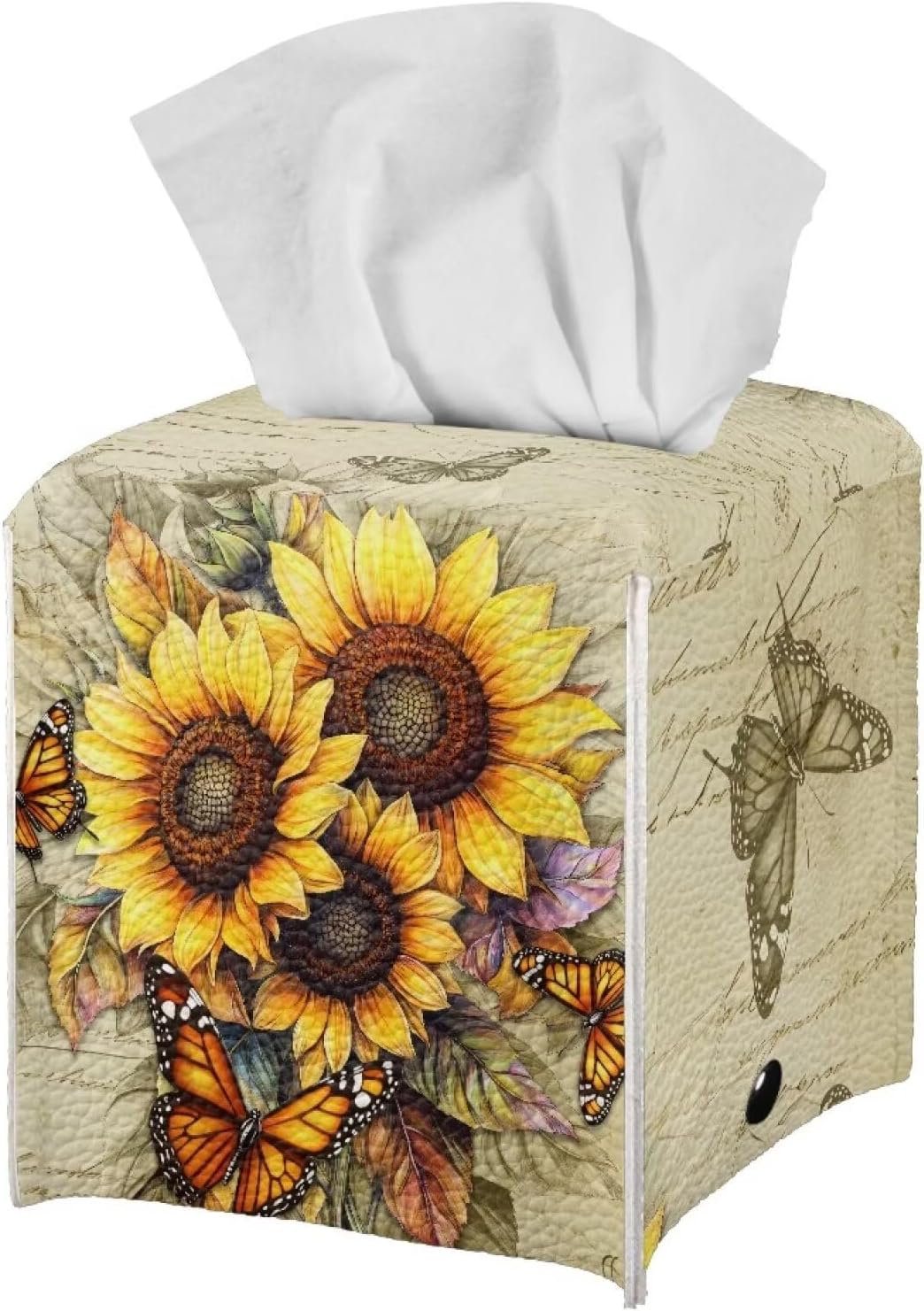 Sunflower Tissue Box Cover Square Leather Tissue Cover 5x5x5 inch Oil Paited Style Home Decorative Facial Paper Box Holder for Desk Bathroom Vanity Countertop