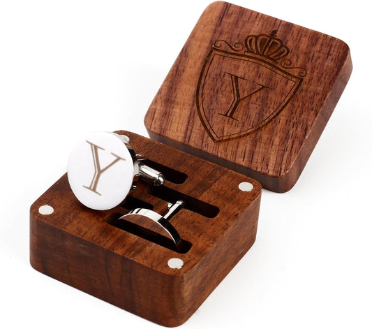 Mens Initial Silver Cufflinks A-Z Alphabet Letter Steel Cuff Links with Engraved Walnut Wood Box Groom Groomsman Wedding Set…