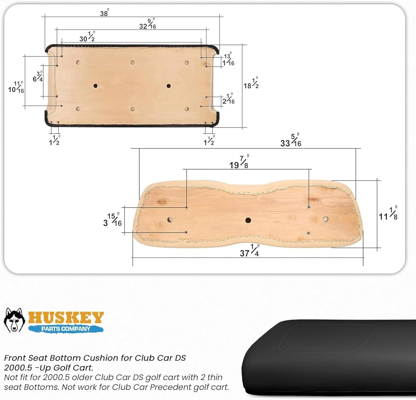 Huskey Parts Company Golf Cart Seat Cushion, Black Color Front Bottom Seat for Club Car DS 2000 to 5 & Up, Golf Cart Front Seat Replacement with Mounting Hardware & Hinges