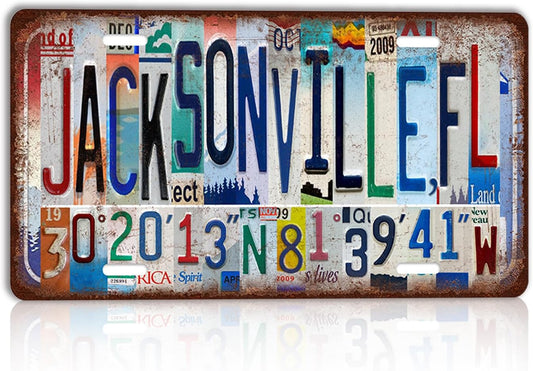 Vintage City License Plate Jacksonville,FL Wall Decor Metal Tin Sign for Bar Home Bedroom 12 x 6 Inches （Including latitude and longitude）