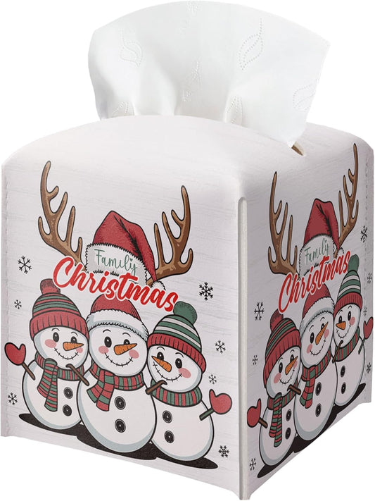 Christmas Snowman Tissue Box Holder, First Christmas as A Family of Three Leather Tissue Box Cover Square, Paper Facial Decorative Tissues Cover for Night Stands Bathroom Office Home Decor-B02