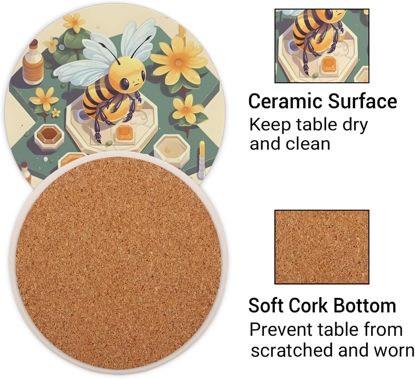 Ceramic Coasters for Drinks with Cork Back,Cute Bee Honeycomb 4 Inch Absorbent Coaster Set 4 Pack, Quick Dry Non-Slip Coaster Mats for Home, Office, Bar