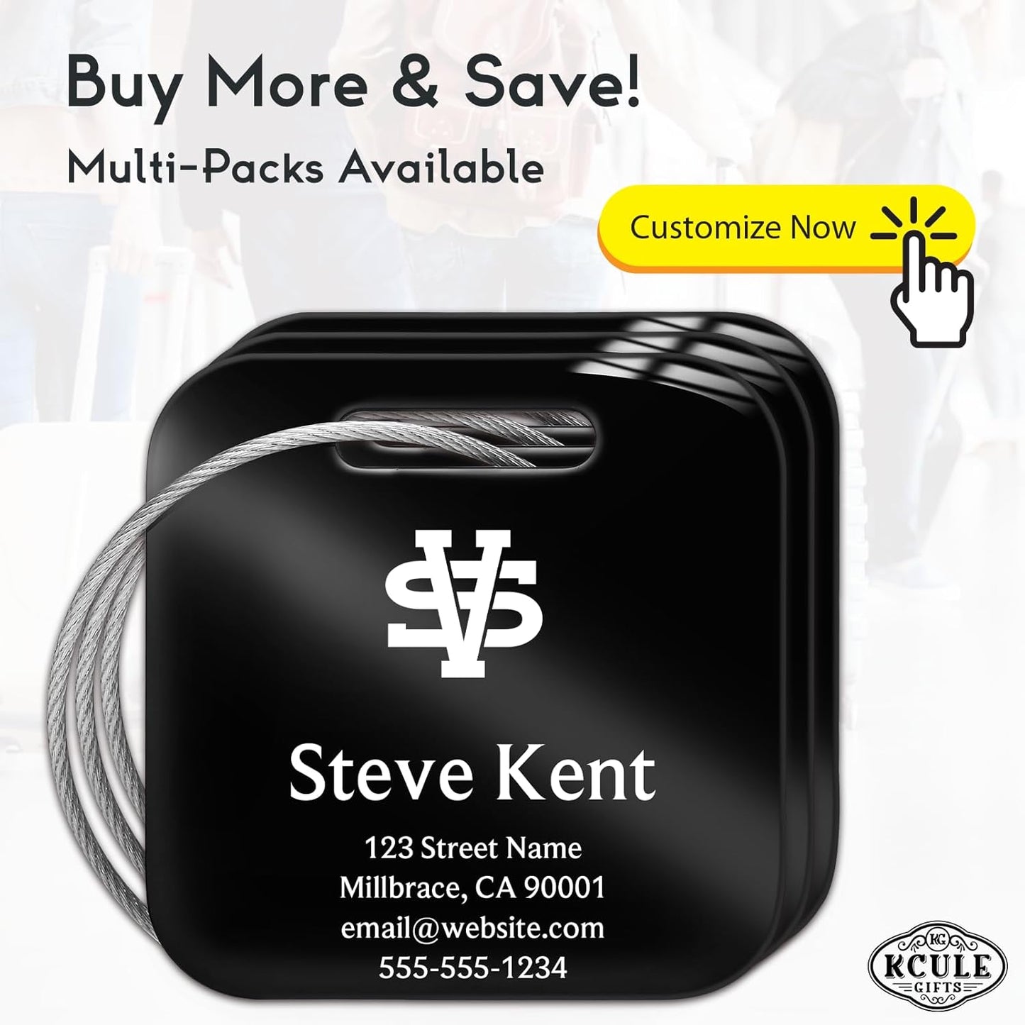 Personalized Luggage Tags for Suitcases - Stainless Steel Custom Luggage Tags for Backpacks & Bags, Sturdy, Waterproof & Heavy Duty (Black/Square)