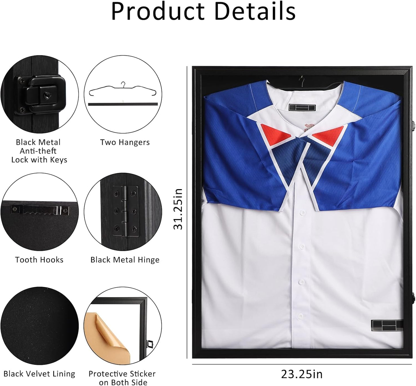 IHEIPYE Jersey Frame Display Case Black Lock,Large Shadow Box Lockable with 98% UV Protection Acrylic and Hanger for Baseball Basketball Football Soccer Hockey 2XL Sport Jersey Shirt