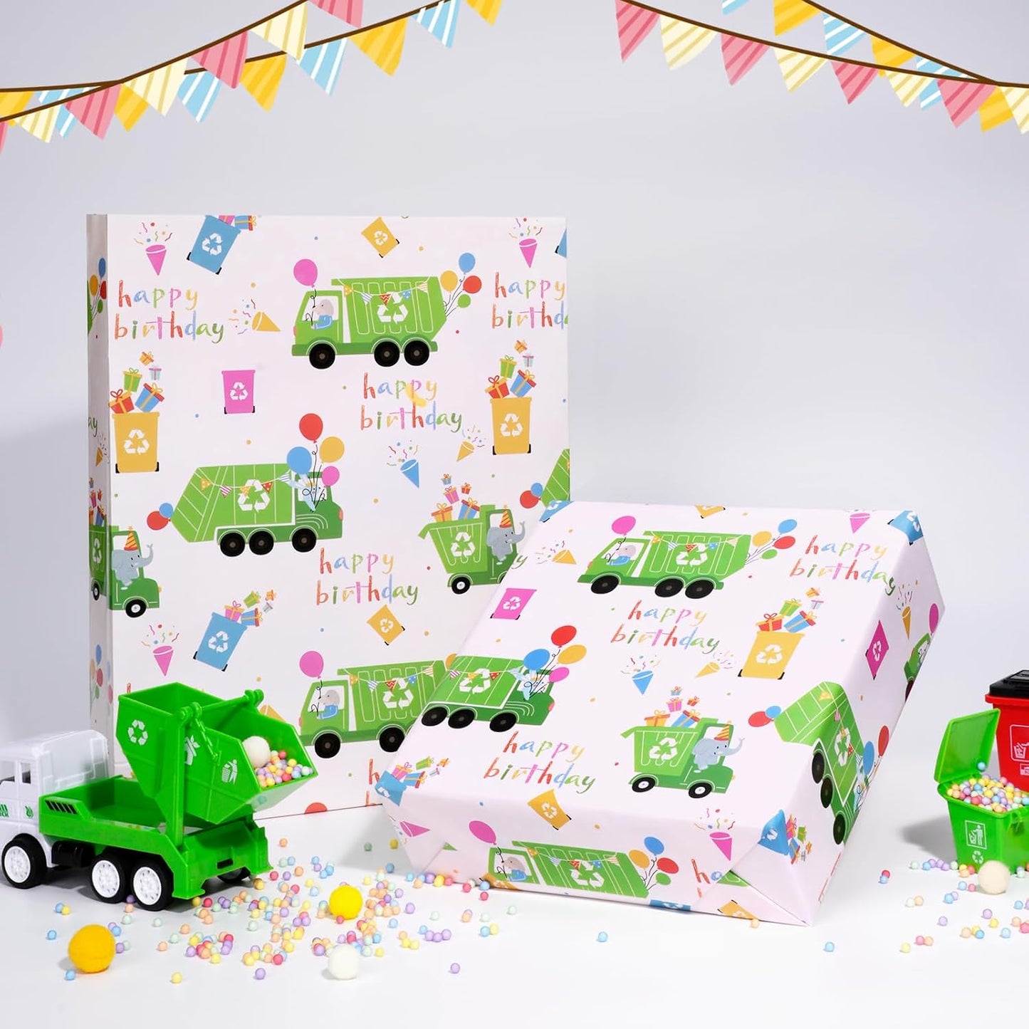 LaRibbons Garbage Truck Reversible Wrapping Paper Mini Roll, Polka Dot Design, Perfect for Kids and Boys Birthdays, 17" x 33' (46.7 sq. ft)