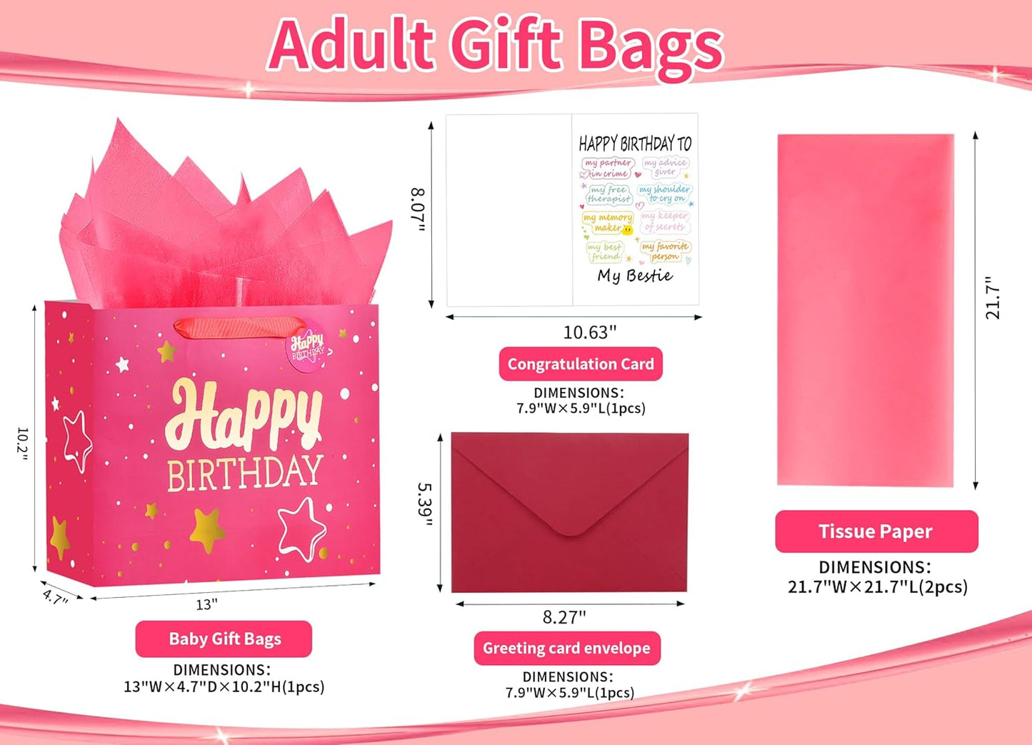 Powbrace 13" Pink Happy Birthday Gift Bag with Tissue Paper and Greeting Card for Party,Happy Birthday Gift Bag for Women Bestie, Gift Bags Medium size(1 PCS Pink, Attach Bestie Cards)