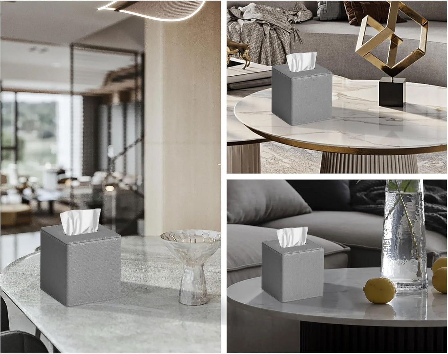 Tissue Box Cover Square PU Leather Facial Tissue Box Holder for Dresser Bathroom Decor (Linen Grey)